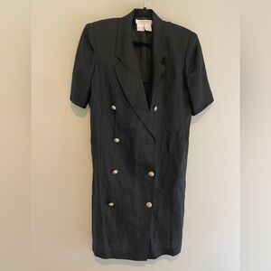 Vintage MaxMara Black Linen Midi Dress Button Front Pockets US Size 12 FLAW